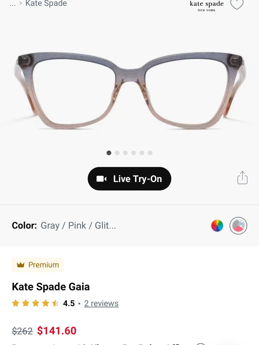 Kate Spade Gaia Gray to Pink Gradient Glitter Acetate Glasses